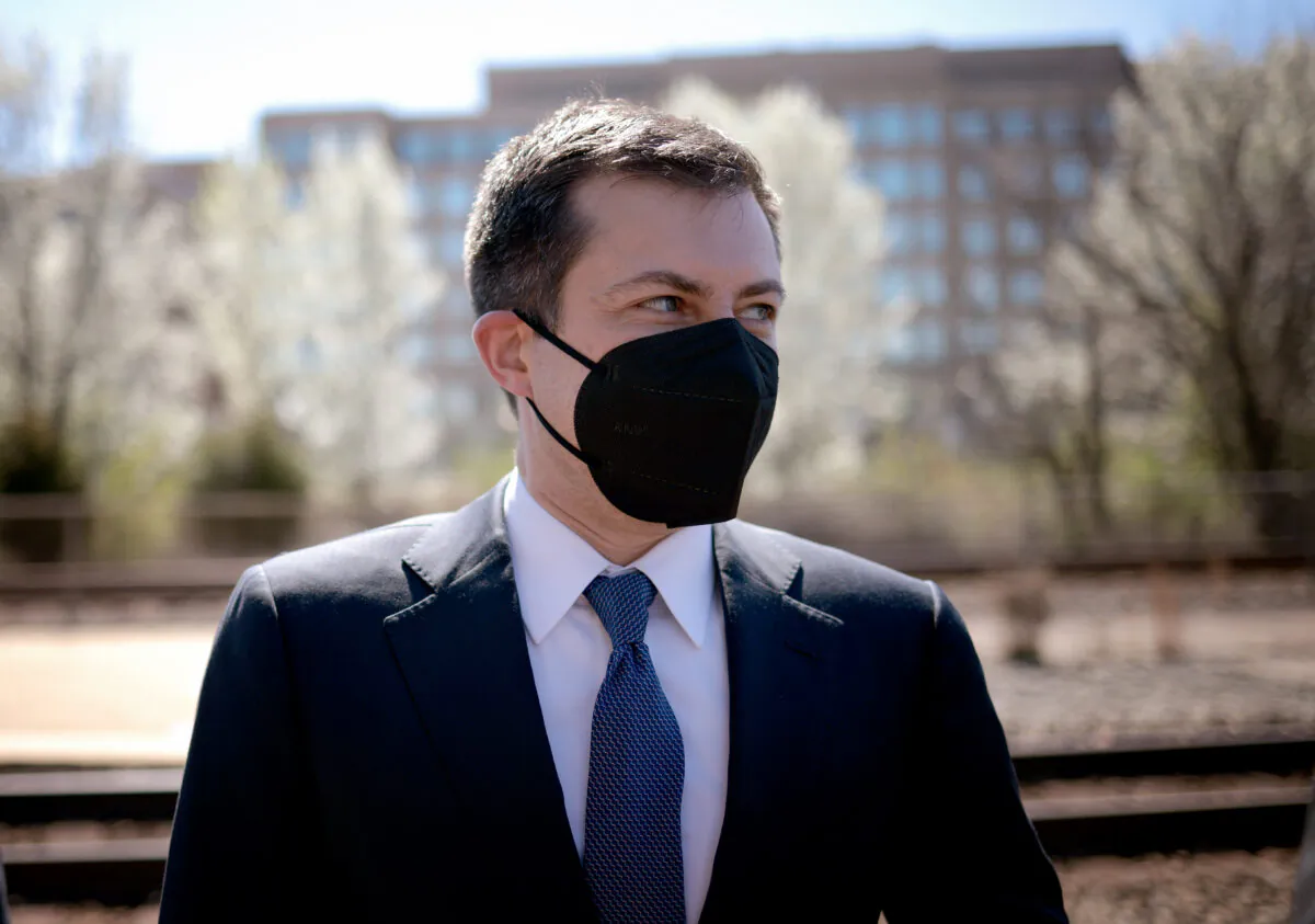 U.S. Secretary of Transportation Pete Buttigieg attends an event titled “Transforming Rail in Virginia” at the Amtrak-VRE station in Alexandria, Virginia on March 30, 2021. (Win McNamee/Getty Images)