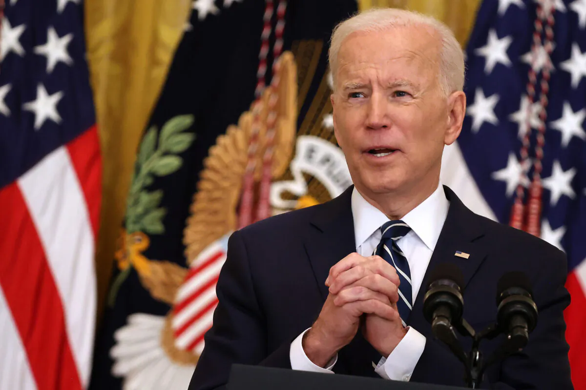 President Joe Biden talks to reporters during the first news conference of his presidency in the East Room of the White House in Washington on March 25, 2021. (Chip Somodevilla/Getty Images)