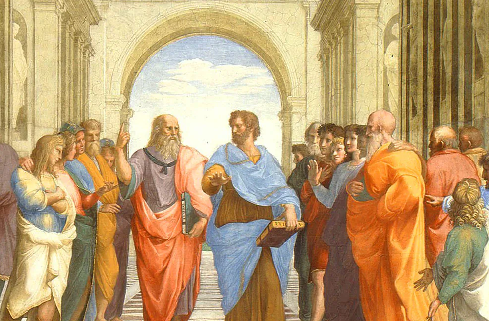 Plato (center left) and Aristotle (center right), detail from "School of Athens" by Raphael.(Public domain)