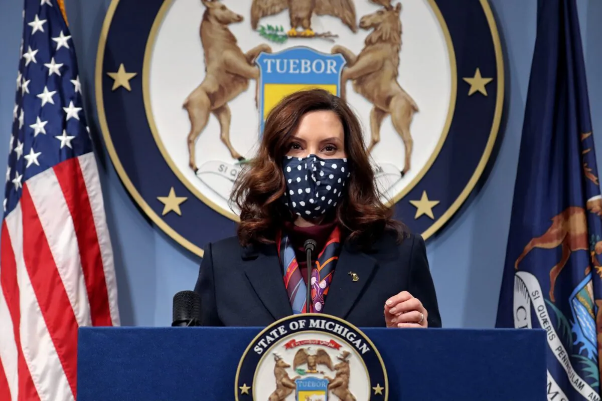 Gov. Gretchen Whitmer addresses the state during a speech in Lansing, Mich., on March 2, 2021. (Michigan Office of the Governor via AP)