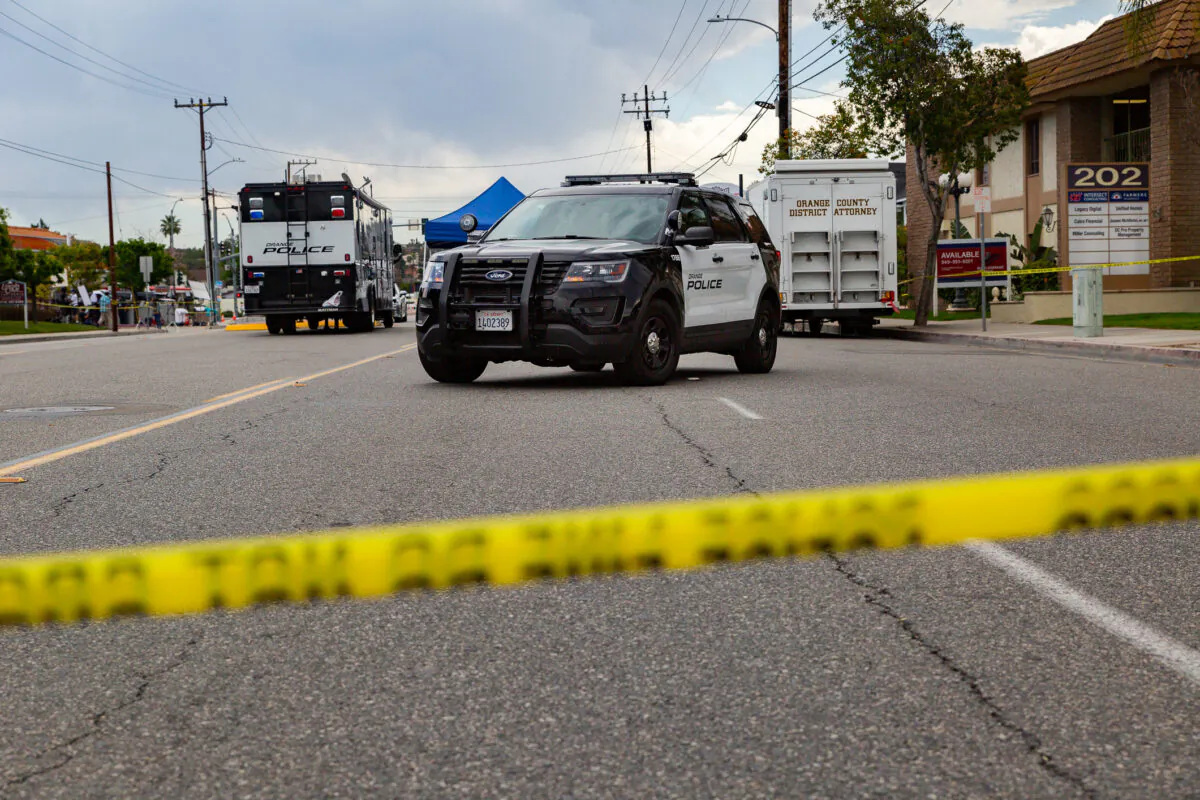 Police investigate the scene of a shooting in Orange, Calif., on April 1, 2021. (John Fredricks/The Epoch Times)