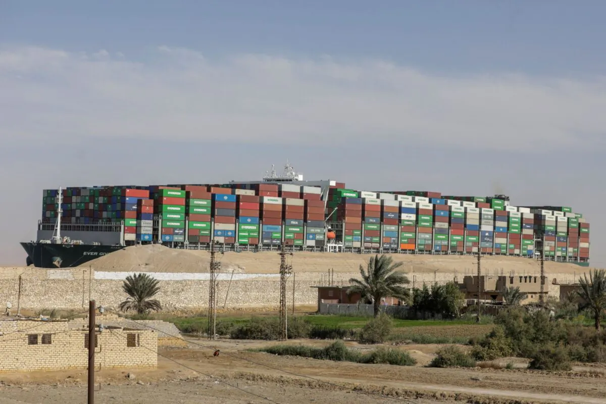 Ship Ever Given is seen after it was fully floated in Suez Canal, Egypt, on March 29, 2021. (Mohamed Abd El Ghany/Reuters)