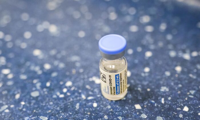 A vial with the Johnson & Johnson's one-dose COVID-19 vaccine is seen at the Vaxmobile, at the Uniondale Hempstead Senior Center, in Uniondale, N.Y., on March 31, 2021. (Mary Altaffer/AP Photo)