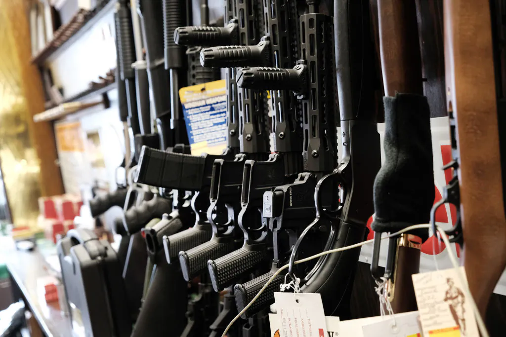 Few rifles remain on the shelf at Caso's Gun-A-Rama store in Jersey City, N.J., on March 25, 2021. (Spencer Platt/Getty Images)