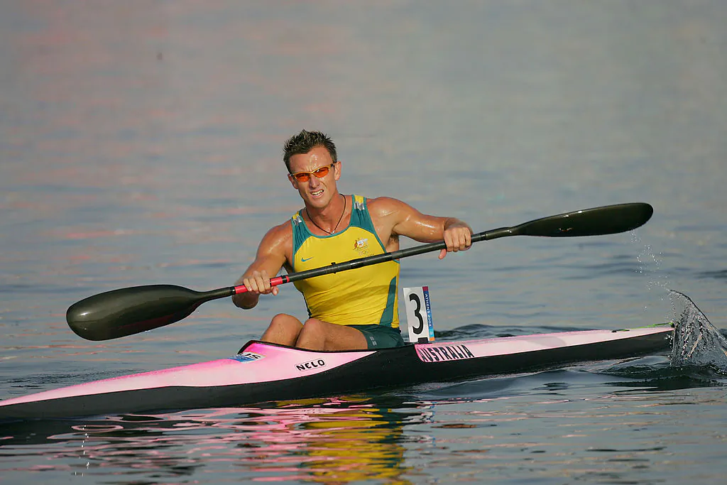 Nathan Baggaley of Australia competes during the men's K-1 class 1,000 metre final on August 27, 2004 during the Athens 2004 Summer Olympic Games at the Schinias Olympic Rowing and Canoeing Centre in Athens, Greece. (Stuart Franklin/Getty Images)