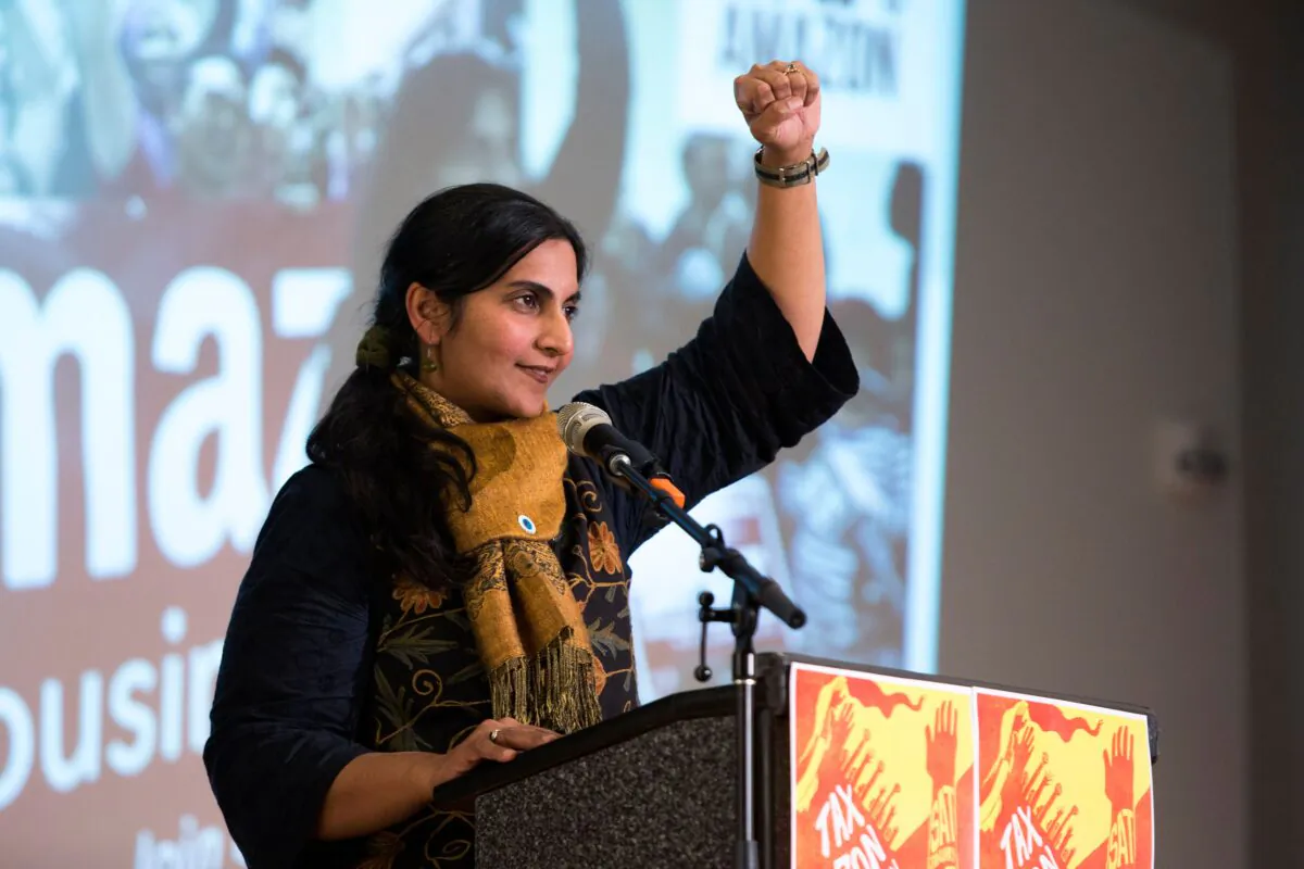 Seattle City Councilmember Kshama Sawant addresses supporters during her inauguration and "Tax Amazon 2020 Kickoff" event in Seattle, Wash., on Jan. 13, 2020. (Jason Redmond/AFP via Getty Images)