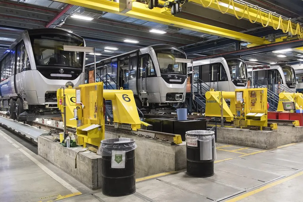 Montreal Metro cars are shown at a maintenance garage.  (Graham Hughes/The Canadian Press) 