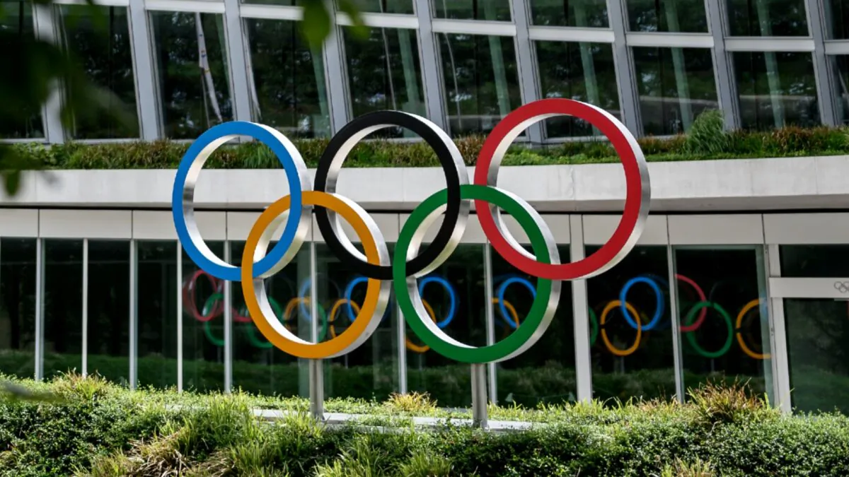The Olympic rings logo at the entrance of the headquarters of the International Olympic Committee (IOC) in Lausanne, Switzerland, on June 8, 2020. (Fabrice Coffrini/AFP via Getty Images)