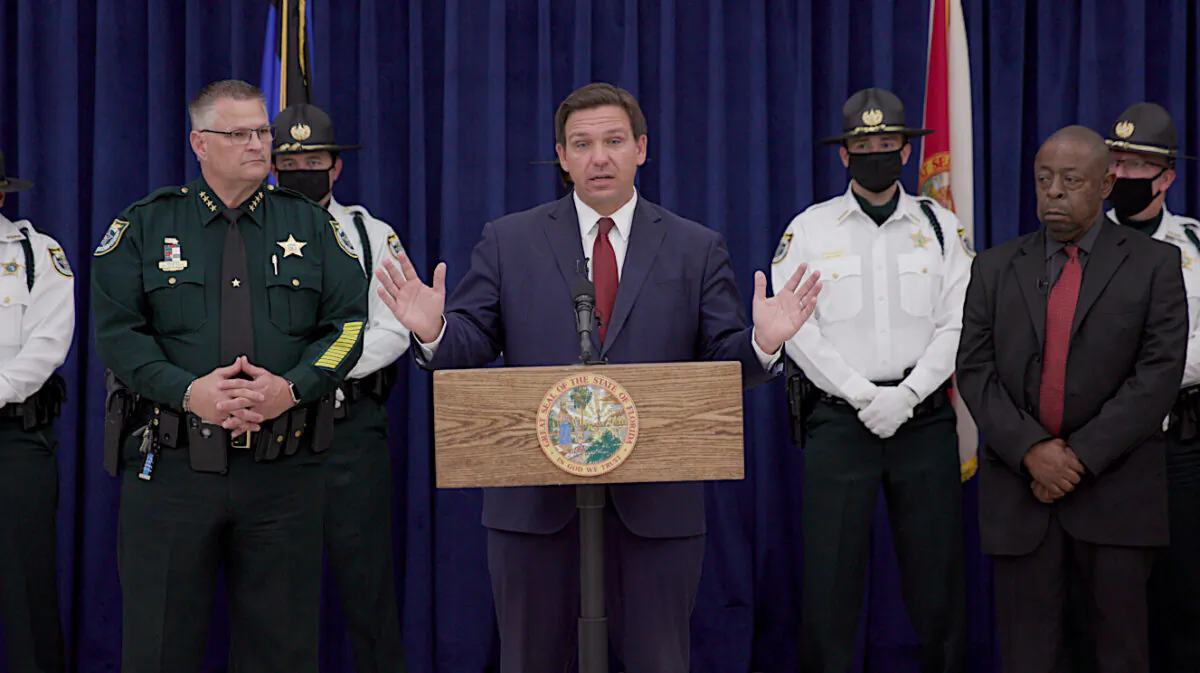 Governor Ron DeSantis speaks at a press conference in Brevard County, FL. on April 1, 2021. (The Epoch Times)