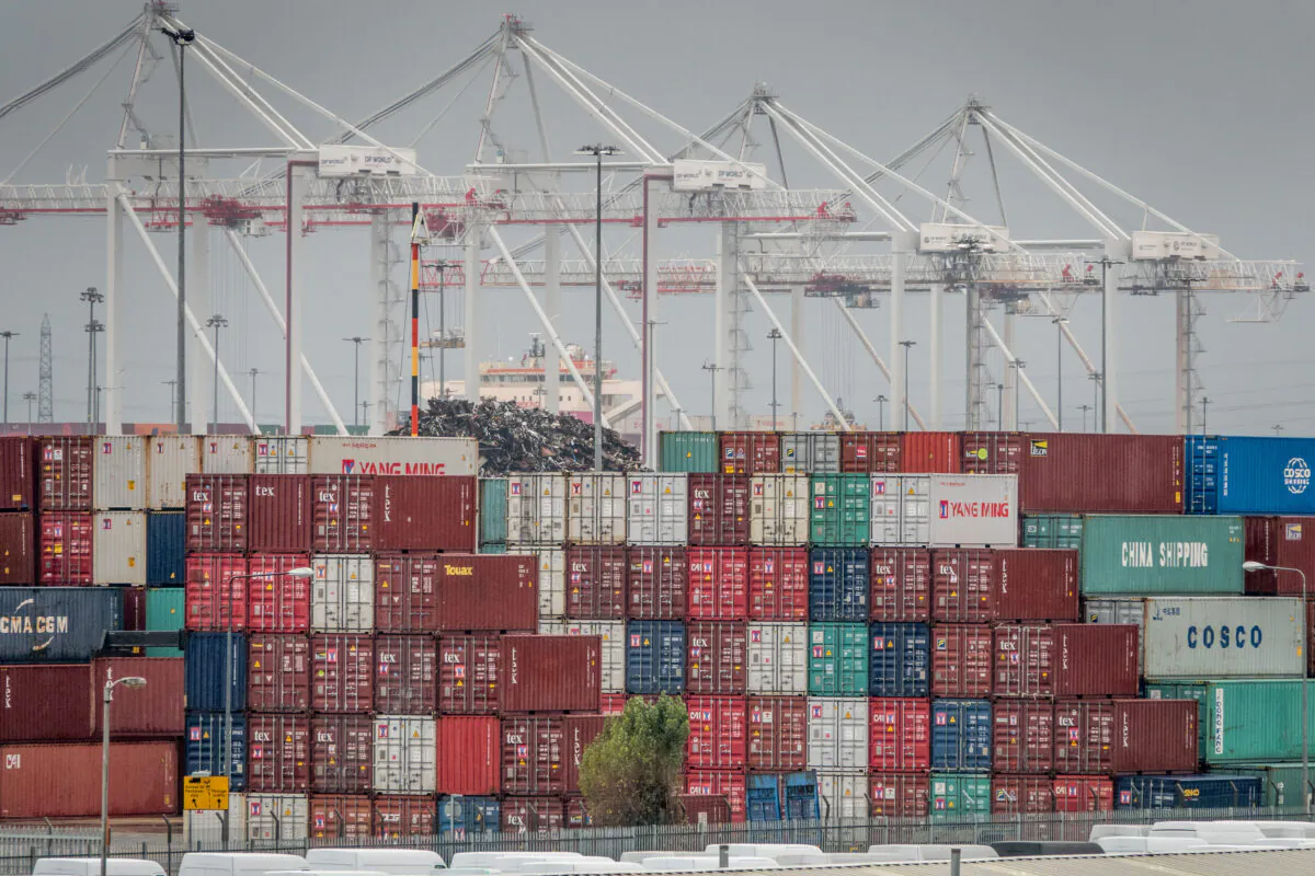 Shipping containers are stacked at Southampton Docks in Southampton, England on Nov. 20, 2018. (Matt Cardy/Getty Images)