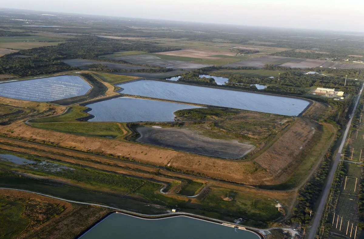 A reservoir near the old Piney Point phosphate mine, in Bradenton, Fla., on April 3, 2021. (Tiffany Tompkins/The Bradenton Herald via AP)