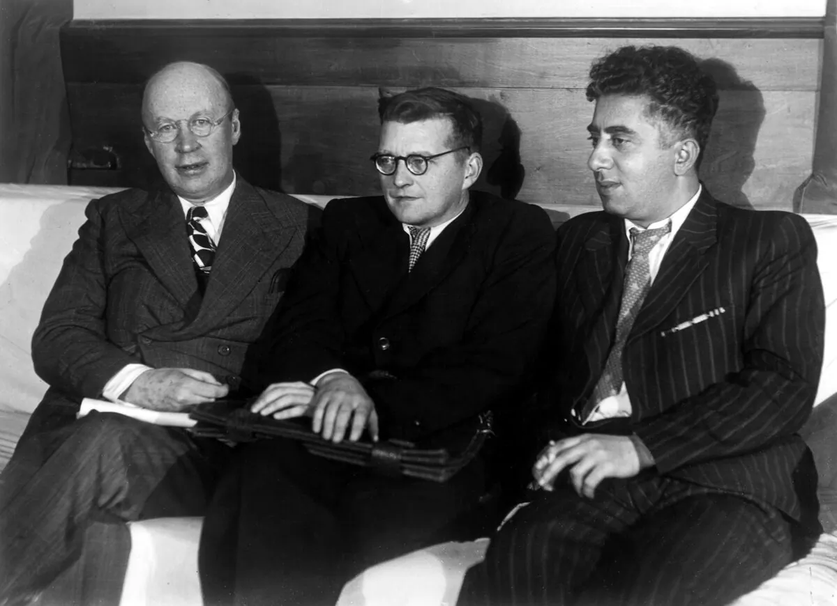 Soviet-era composers: (L–R)  : Sergei Prokofiev, Dmitri Shostakovich, Aram Khachaturian, in  1946. (Public Domain)