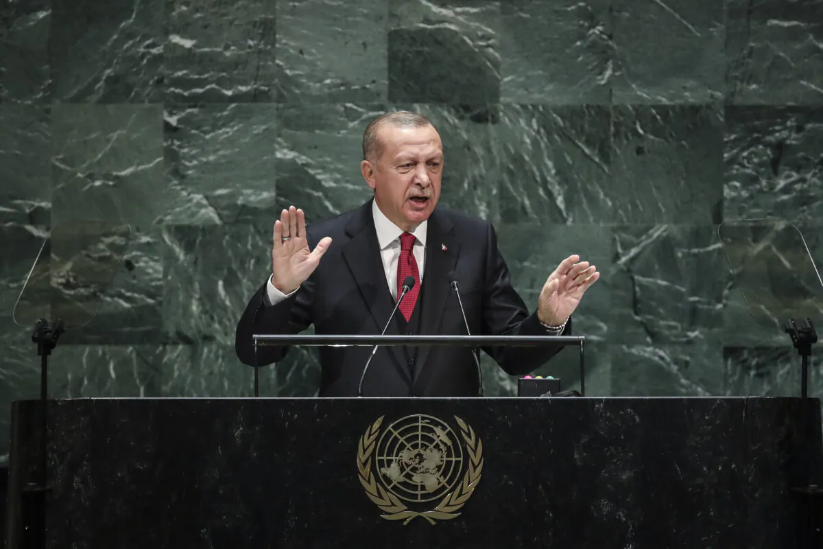 President of Turkey Recep Tayyip Erdogan addresses the United Nations General Assembly at UN headquarters on Sept. 24, 2019, in New York City where he criticized the international community for not taking up the cause of Kashmir. (Drew Angerer/Getty Images)
