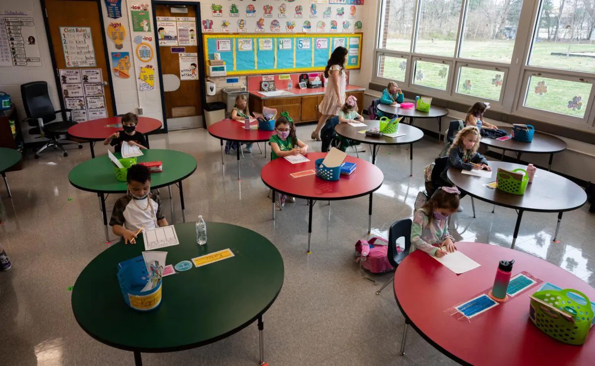 A classroom session at Medora Elementary School in Louisville, Ky., on March 17, 2021. (Jon Cherry/Getty Images)