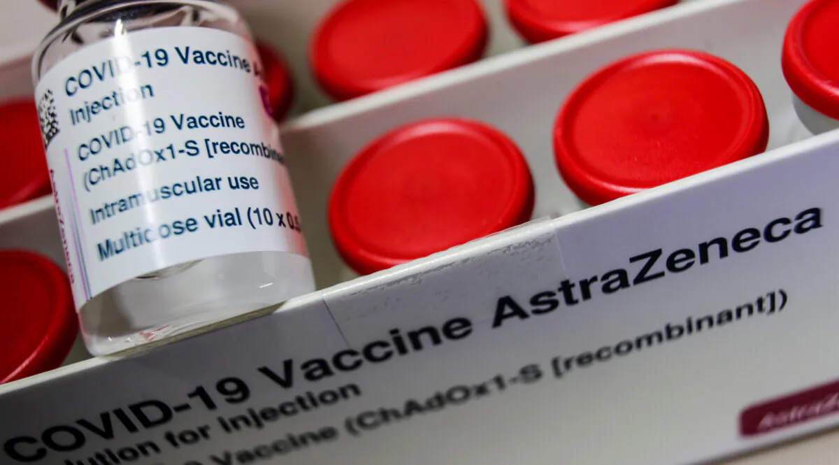 A vial with the AstraZeneca's COVID-19 vaccine is pictured in Berlin, Germany, on March 16, 2021. (Hannibal Hanschke/Reuters)