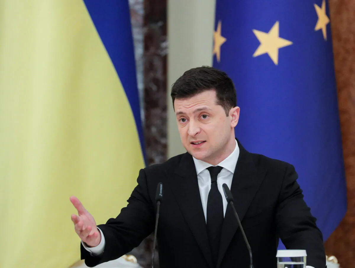 Ukrainian President Volodymyr Zelenskiy speaks during a joint news conference with European Council President Charles Michel in Kyiv, Ukraine, on March 3, 2021. (Sergey Dolzhenko/Pool via Reuters)