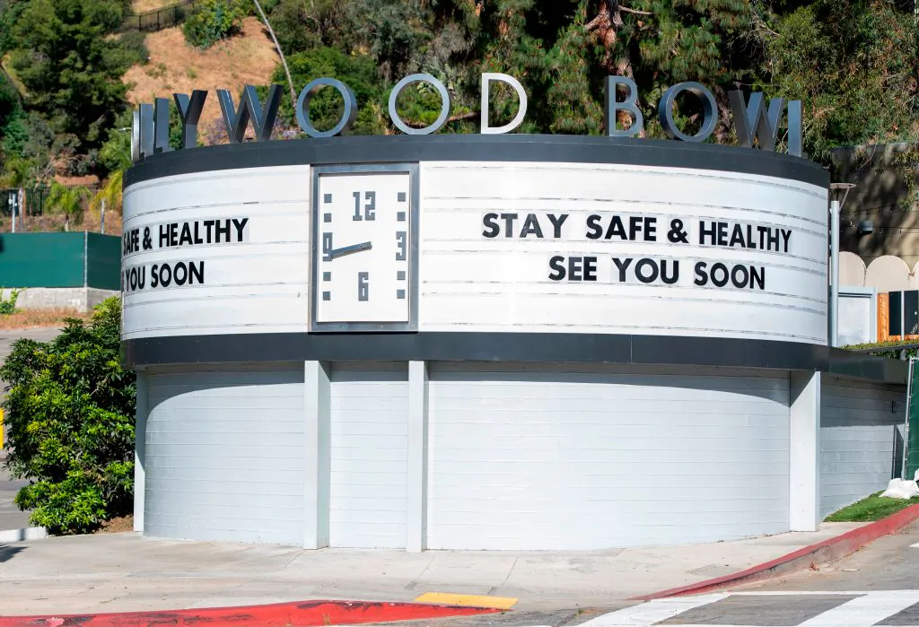 The entrance to the Hollywood Bowl in Los Angeles on May 14, 2020. (Valerie Macon/AFP via Getty Images)