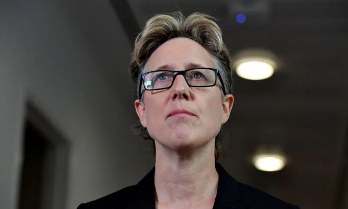 Secretary of the ACTU Sally McManus during a doorstop in the media gallery at Parliament House on March 18, 2021 in Canberra, Australia. (Sam Mooy/Getty Images)