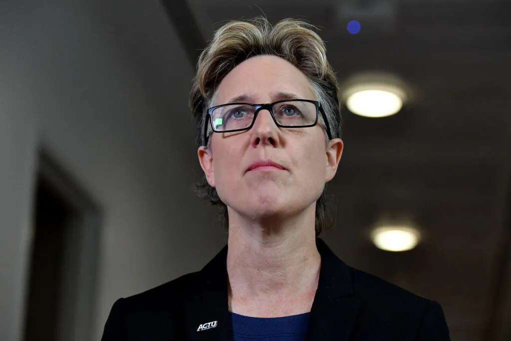 Secretary of the ACTU Sally McManus during a doorstop in the media gallery at Parliament House on March 18, 2021 in Canberra, Australia. (Sam Mooy/Getty Images)