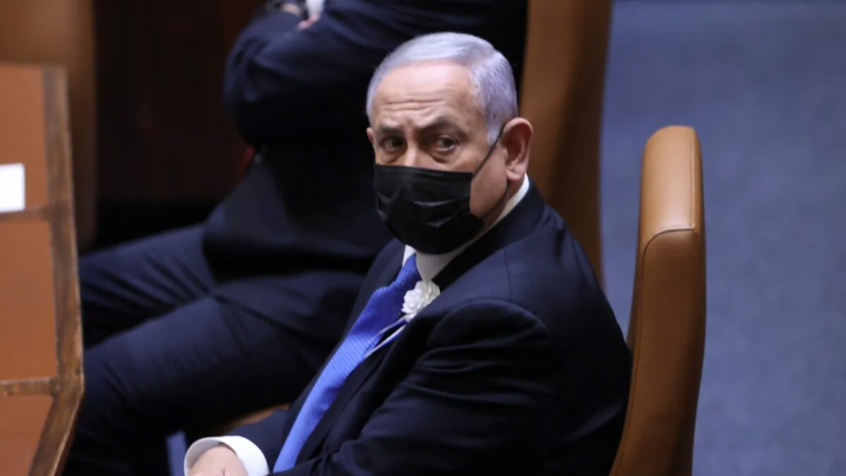 Israeli Prime Minister Benjamin Netanyahu attends the swearing-in ceremony for Israel's 24th government, at the Knesset, or parliament, in Jerusalem, Israel, on April 6, 2021. (Alex Kolomoisky/Pool via AP)