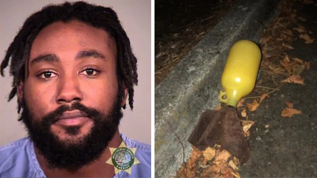 Malik Muhammed (L) faces charges including attempted murder. An incendiary device (R) he allegedly threw at police in Portland, Oregon, on Sept. 21, 2020. (Multonomah County Jail; Portland Police Bureau)