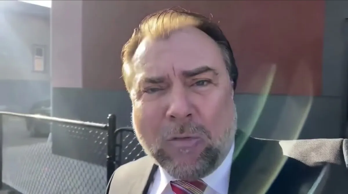 Pastor Artur Pawlowski moments after he drove police on a COVID-19 check out of his church in Calgary, Canada, on April 3, 2021. (Screenshot YouTube via The Epoch Times)