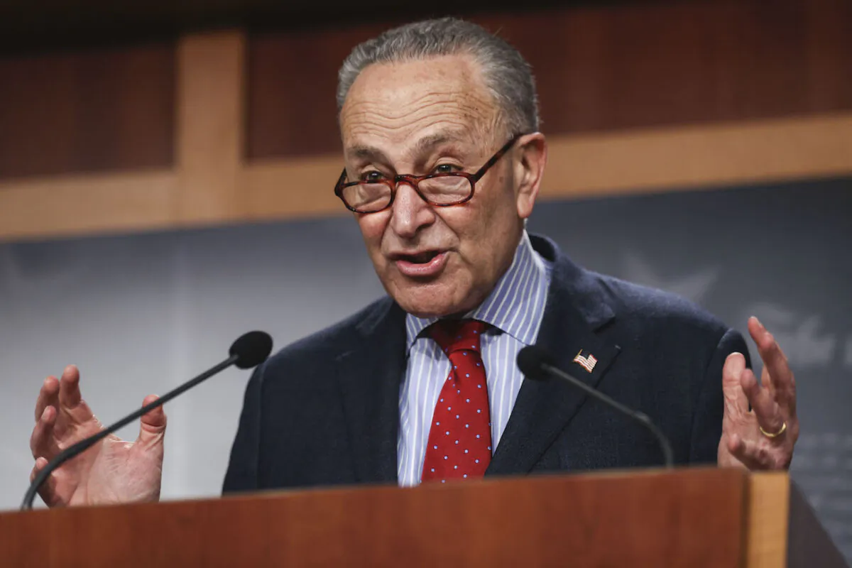 Senate Majority Leader Chuck Schumer (D-N.Y.) at a news conference on Capitol Hill in Washington, on March 25, 2021. (Jonathan Ernst/POOL/AFP via Getty Images)