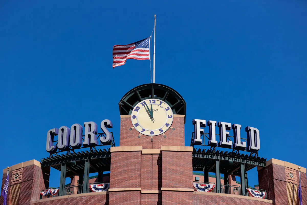 A general view of the clock tower at Coors Field before the Opening Day game between the Colorado Rockies and the Los Angeles Dodgers in Denver, Colo., on April 1, 2021. (Isaiah J. Downing/USA TODAY Sports)
