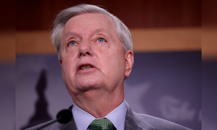 Sen. Lindsey Graham (R-SC) speaks during a press conference at the U.S. Capitol in Washington on March 24, 2021. (Win McNamee/Getty Images)
