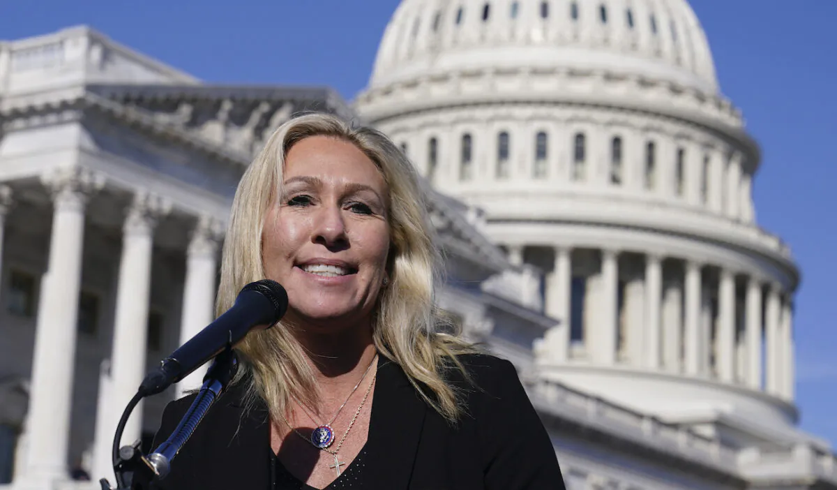 Rep. Marjorie Taylor Greene (R-Ga.) speaks during a news conference on Capitol Hill in Washington, Feb. 5, 2021. (Susan Walsh/AP Photo)