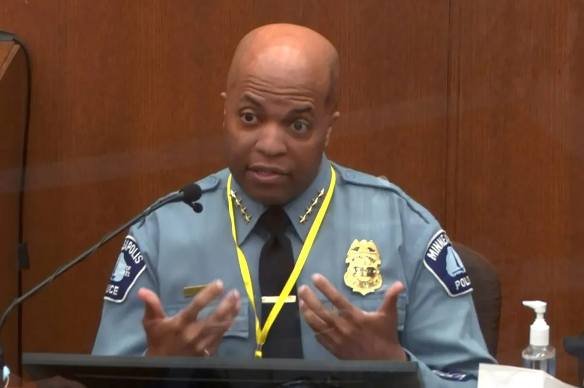 In a still image from video, Minneapolis Police Chief Medaria Arradondo answers questions on the sixth day of the trial of former Minneapolis police officer Derek Chauvin for second-degree murder, third-degree murder and second-degree manslaughter in the death of George Floyd in Minneapolis, Minn., on April 5, 2021. (Pool via Reuters)
