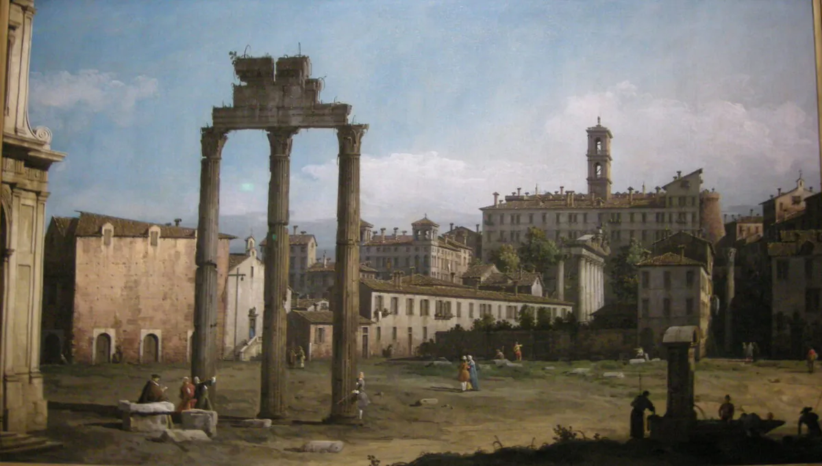 Various historians and statesmen attributed the downfall of the Roman Republic to the decline in religious belief and the accompanying unraveling of morality. "Rome: Ruins of the Forum, Looking Towards the Capitol" by Canaletto, 1742. (Public domain)