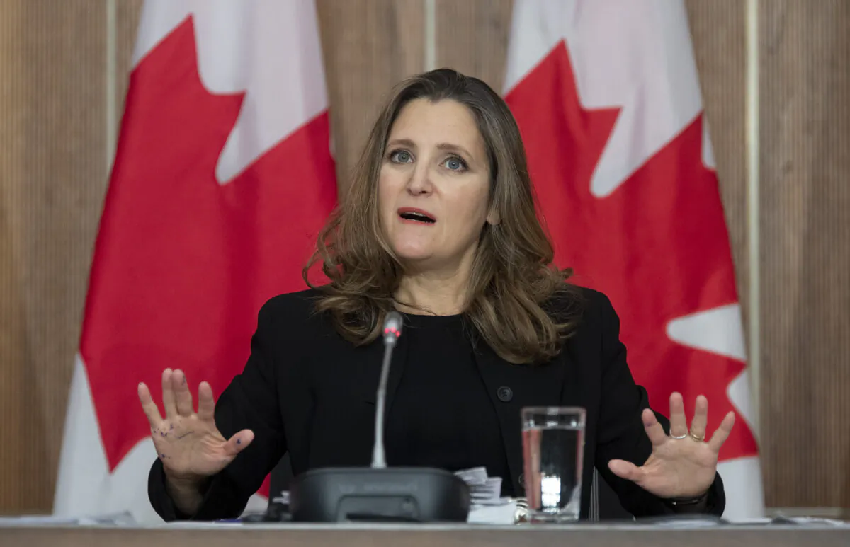 Deputy Prime Minister and Minister of Finance Chrystia Freeland responds to a question during a news conference in Ottawa, on Nov. 30, 2020. (The Canadian Press/Adrian Wyld)