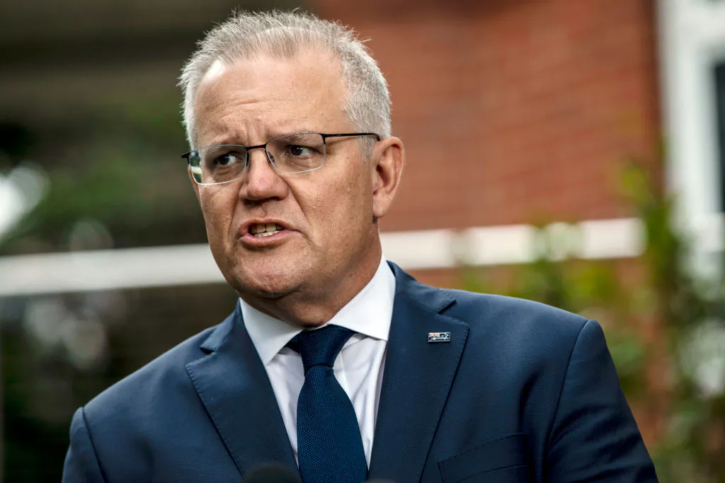 Prime Minister Scott Morrison speaks at a news conference at the CSL facility in Melbourne, Australia, on Feb. 12, 2021. (Diego Fedele/Getty Images)