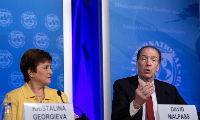 World Bank President David Malpass (R) and IMF Managing Director Kristalina Georgieva (L) in Washington, on March 4, 2020. (Nicholas Kamm/AFP via Getty Images)