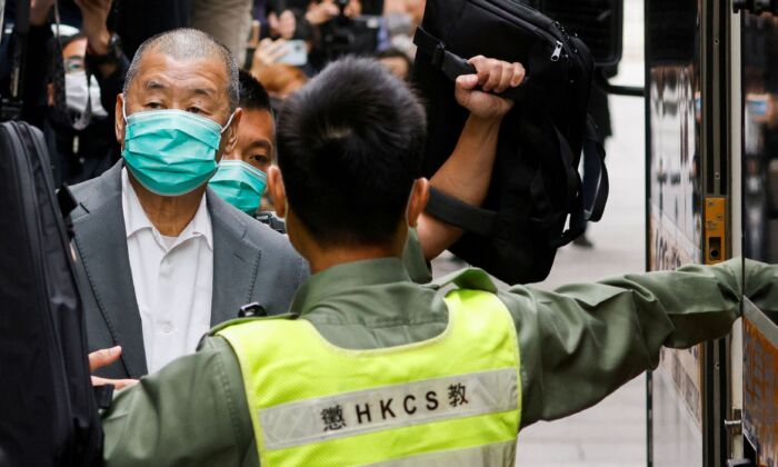 Media mogul Jimmy Lai, founder of Apple Daily, leaves the Court of Final Appeal by prison van in Hong Kong, China on Feb. 9, 2021. (Tyrone Siu/File Photo via Reuters)