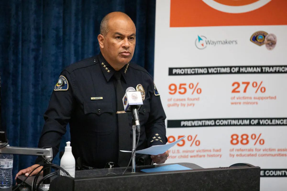 Anaheim Police Chief Jorge Cisneros updates media about the Orange County Human Trafficking Taskforce at the Anaheim Police Station in Anaheim, Calif., on April 6, 2021. (John Fredricks/The Epoch Times)