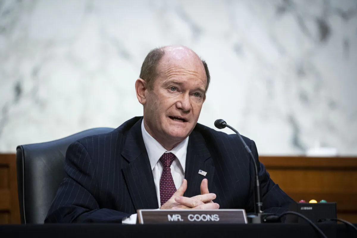 Sen. Chris Coons (D-Del.) during a hearing on Capitol Hill in Washington on Feb. 22, 2021. (Demetrius  Freeman/The Washington Post/AFP via Getty Images