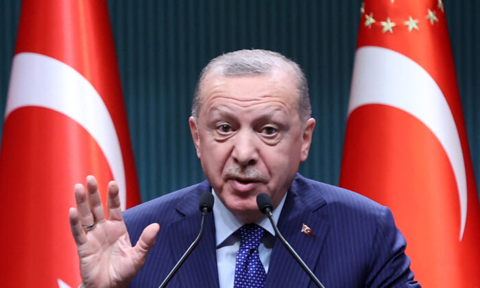 Turkish President Recep Tayyip Erdogan will give a speech on April 5, 2021 at the Presidential Palace in Ankara, Turkey.  (Adem Altan / AFP via Getty Images)
