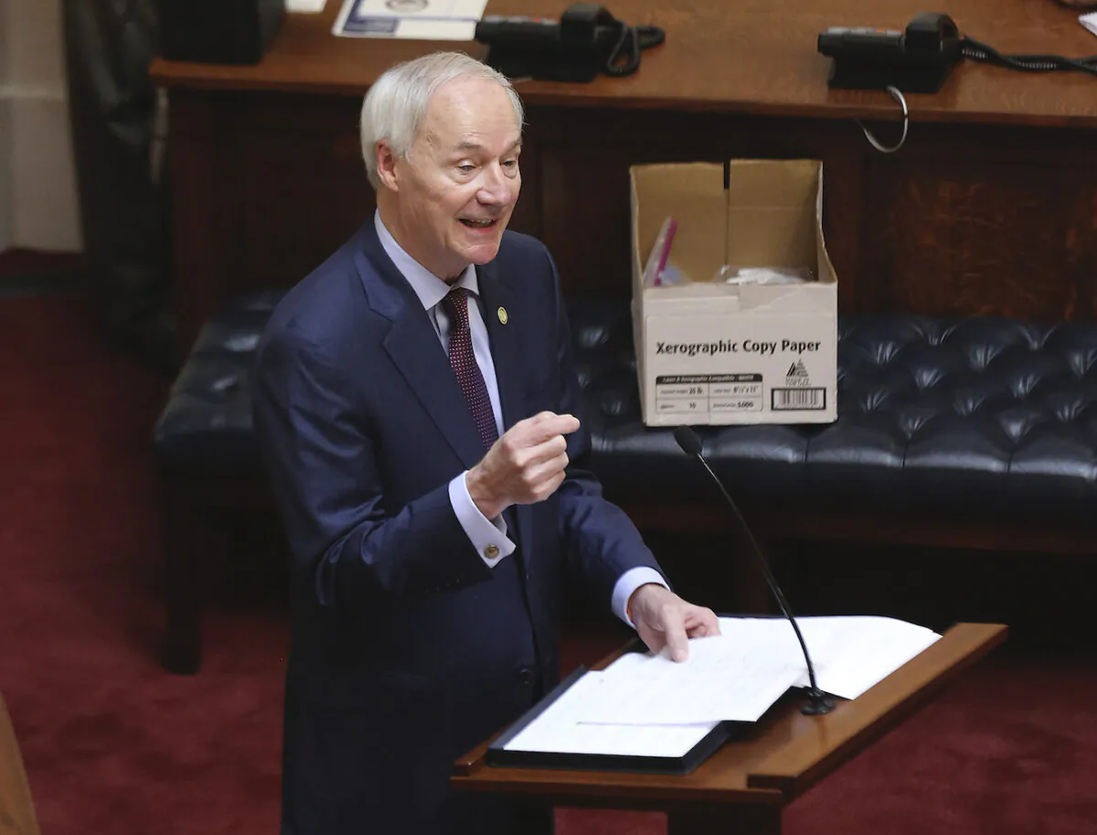 Arkansas Gov. Asa Hutchinson in the Senate Chamber of the state Capitol in Little Rock, Ark., on April 8, 2020. (Tommy Metthe/Arkansas Democrat-Gazette via AP)