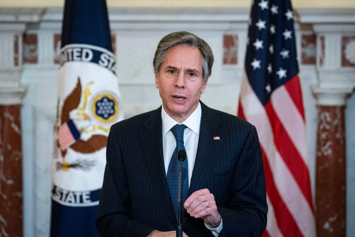Secretary of State Antony Blinken speaks about U.S. leadership in fighting the global coronavirus disease (COVID-19) pandemic during an event at the State Department in Washington on April 5, 2021. (Alexander Drago/Pool/AFP via Getty Images)