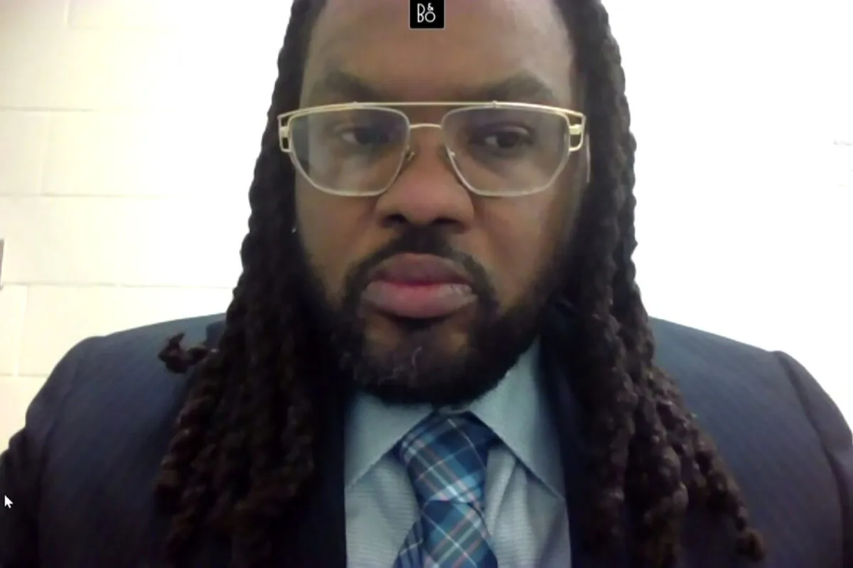 Morries Hall, who was in the car with George Floyd when police arrived, appears via a video link from the county jail on the seventh day of the trial of former Minneapolis police officer Derek Chauvin in the death of George Floyd in Minneapolis, Minn., on April 6, 2021. (Pool via Reuters)