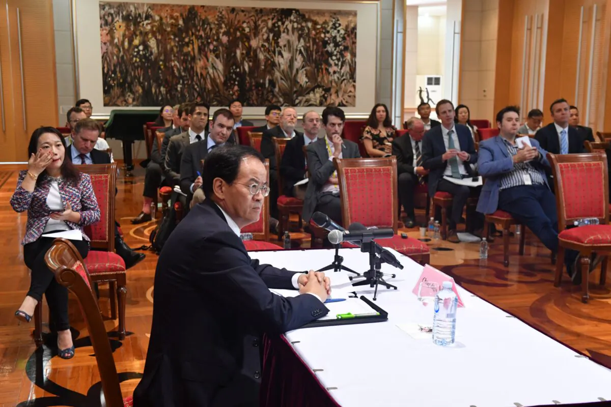 China’s Ambassador to Australia Cheng Jingye at a press conference at his residence in Canberra, Australia, on April 7, 2021. (AAP Image/Mick Tsikas) 