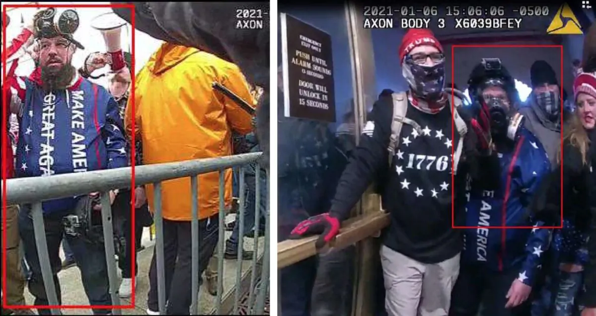 Stills from police body-worn camera video footage allegedly showing Christopher Quaglin (with a red box around him) at the U.S. Capitol in Washington, on Jan. 6, 2021. Quaglin was arrested on April 6, 2021. (Department of Justice)