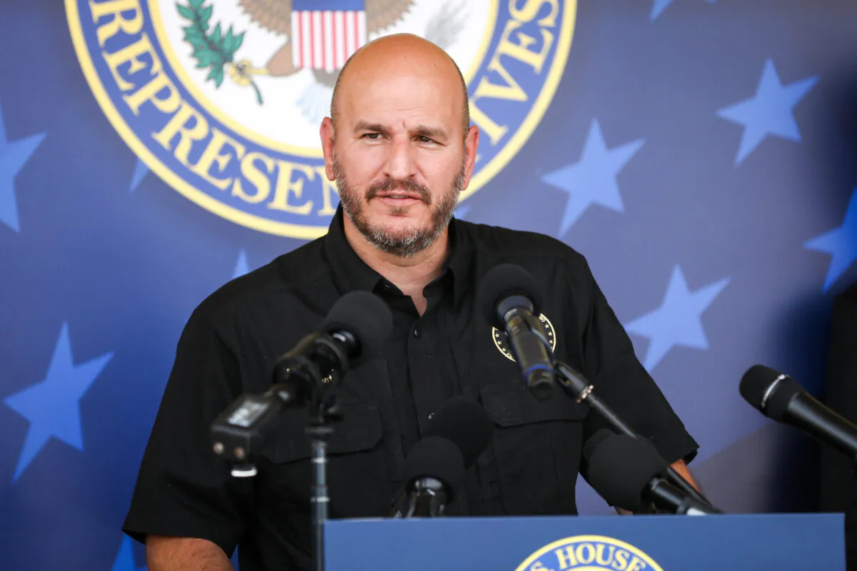 Brandon Judd, president of the National Border Patrol Council, at a press conference in McAllen, Texas, on April 7, 2021. (Charlotte Cuthbertson/The Epoch Times)