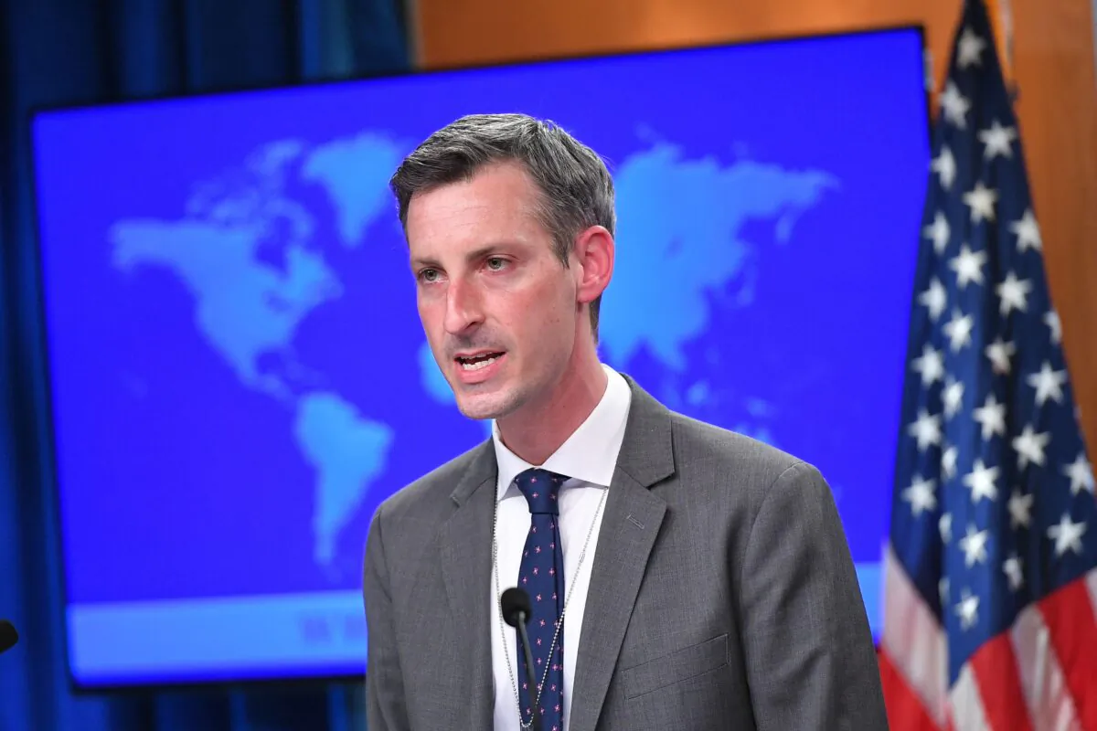 U.S. State Department Spokesman Ned Price speaks ahead of an address by Secretary of State Antony Blinken during the release of the "2020 Country Reports on Human Rights Practices," at the State Department in Washington on March 30, 2021. (Mandel Ngan/POOL/AFP via Getty Images)
