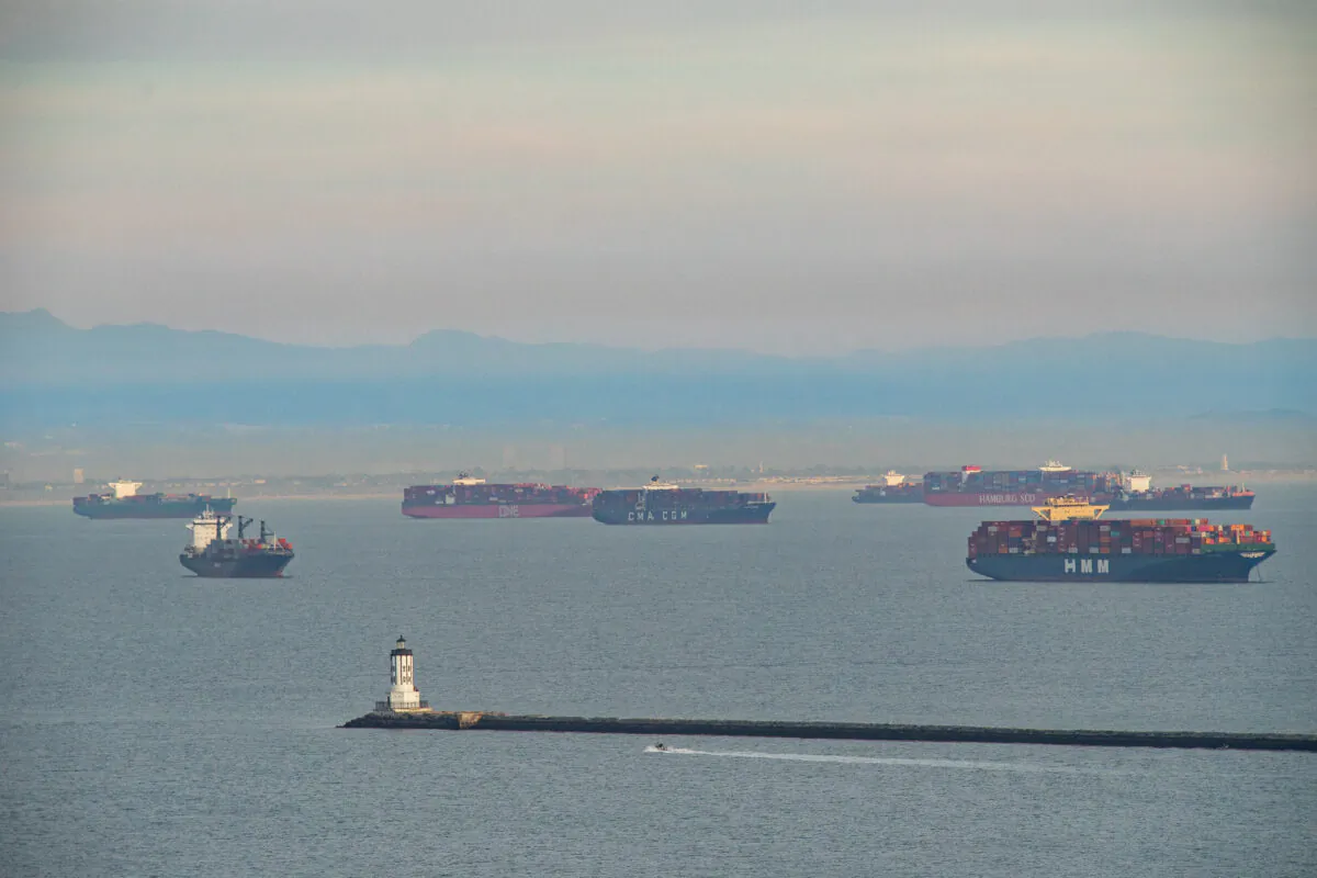 Ships await to come ashore at The Port of Los Angeles, in Long Beach, Calif., on Jan. 12, 2021. (John Fredricks/The Epoch Times)