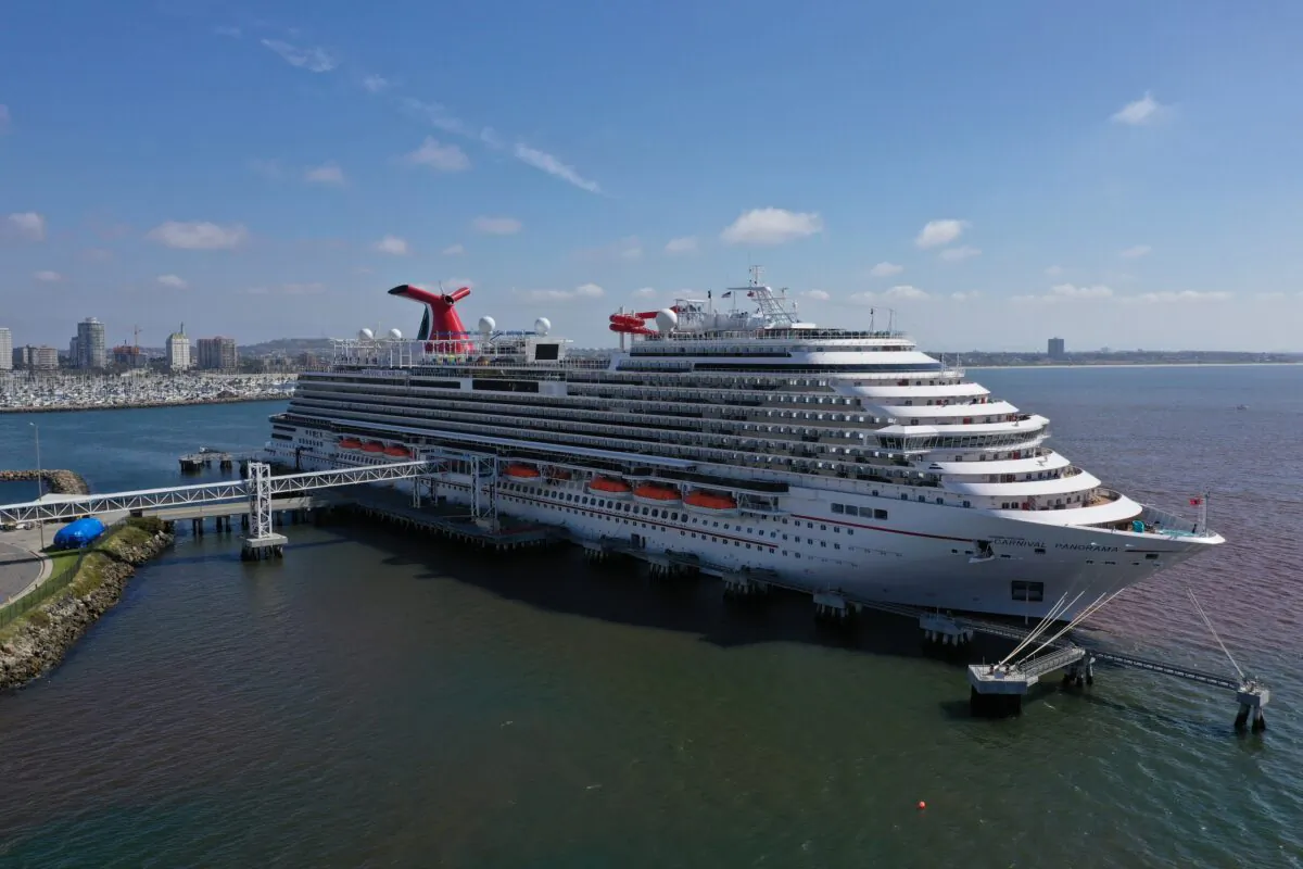 A Carnival cruise ship is seen docked in Long Beach, Calif., on April 16, 2020. (Lucy Nicholson/Reuters)