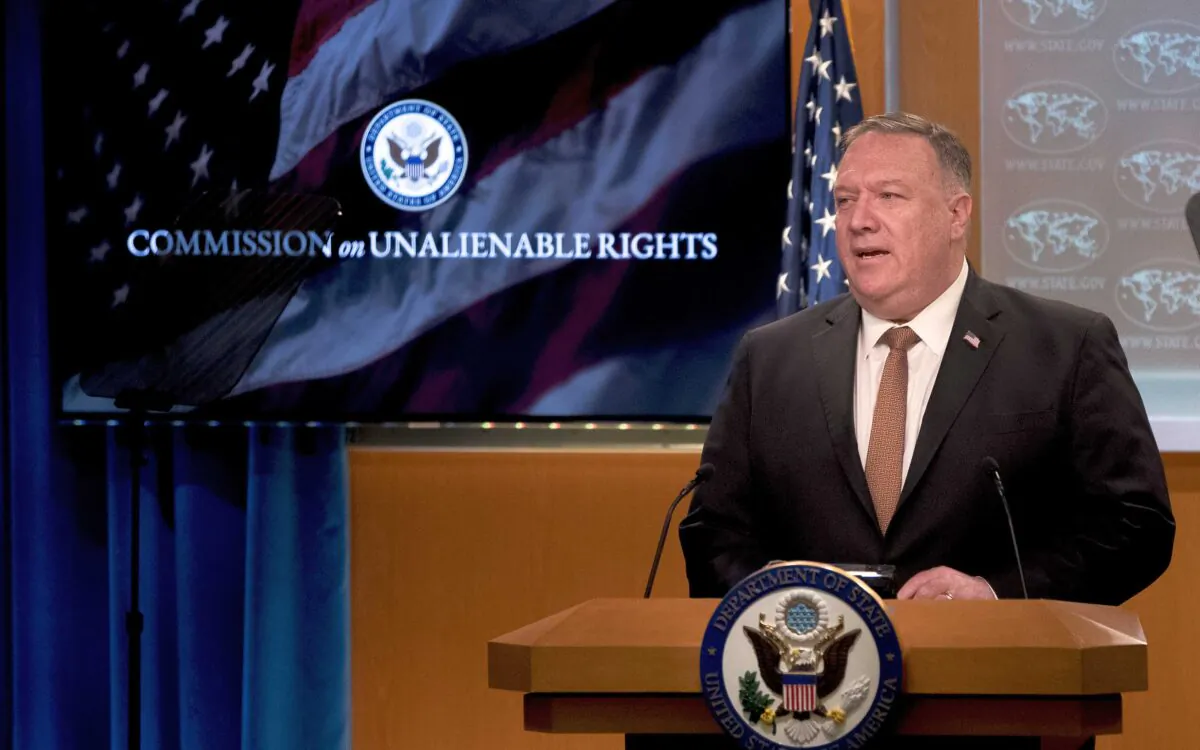 Then-Secretary of State Mike Pompeo speaks during a news conference at the State Department in Washington on July 15, 2020. (Andrew Harnik/Pool/AFP via Getty Images)