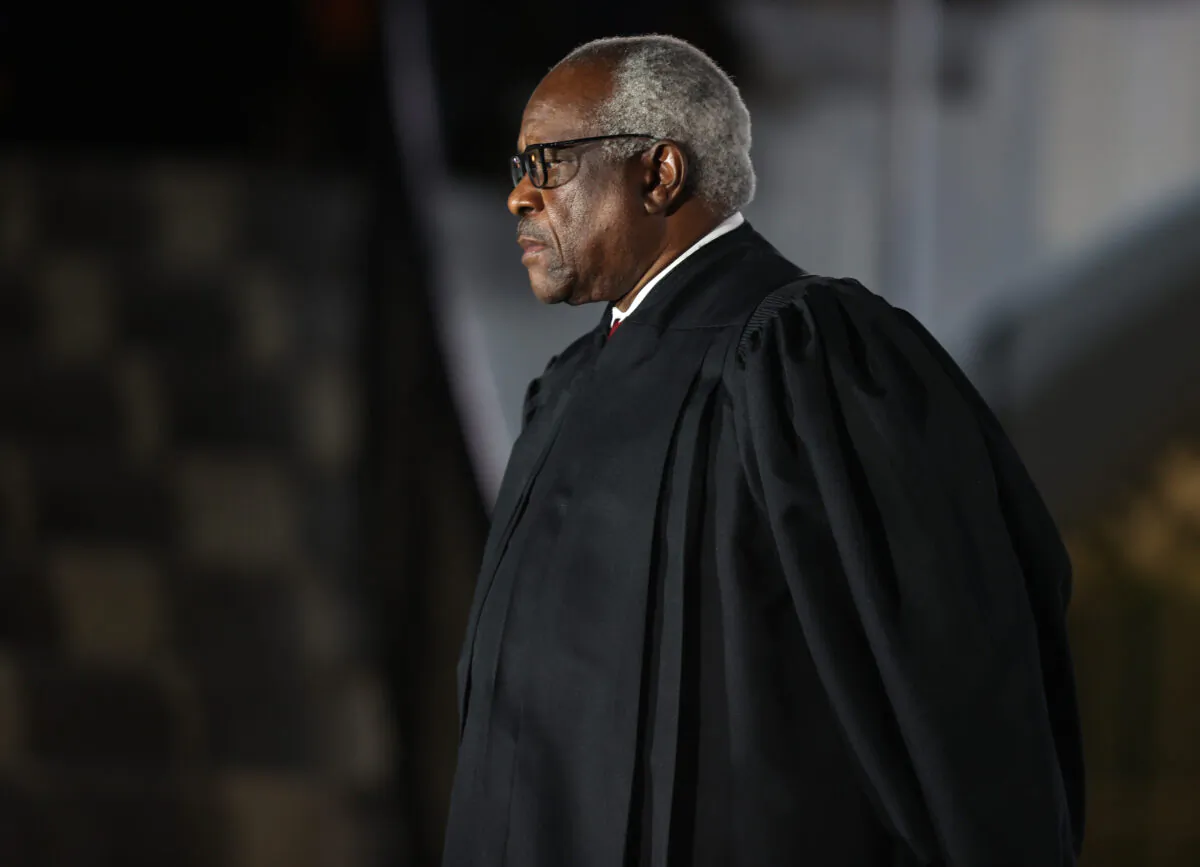 Supreme Court Associate Justice Clarence Thomas attends the ceremonial swearing-in ceremony for Amy Coney Barrett to be the U.S. Supreme Court Associate Justice on the South Lawn of the White House in Washington on Oct. 26, 2020. (Tasos Katopodis/Getty Images)